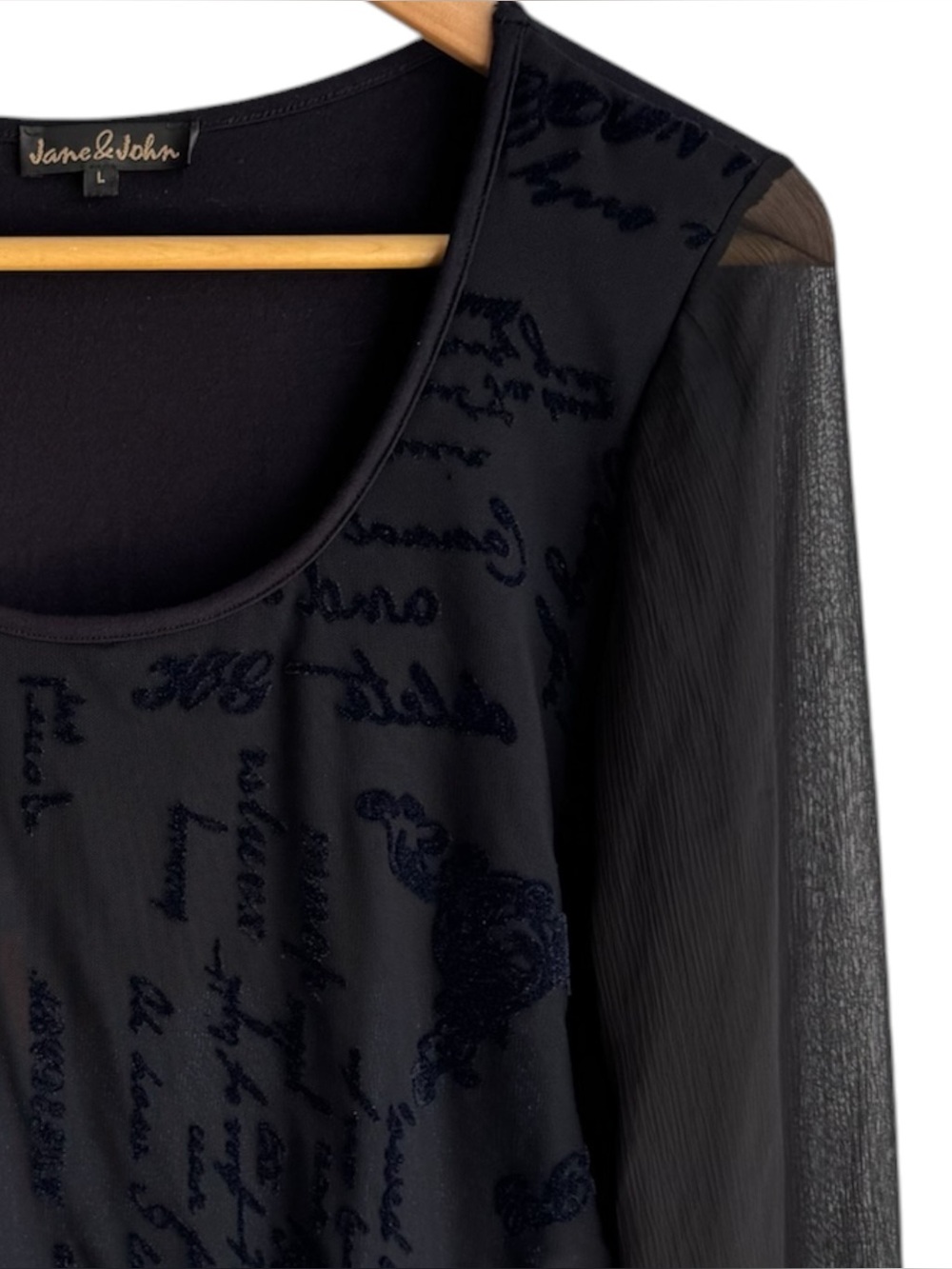 Romantic Y2K Velvet Burnout Sheer Sleeve Top Sz L Navy Blue Artsy Script Print